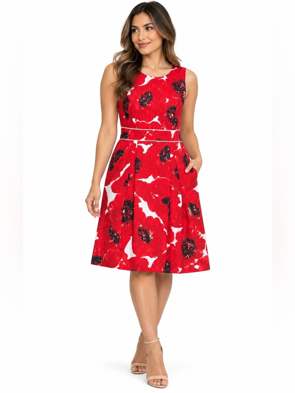 Ann Taylor Women’s Size 4 Red Floral Fit & Flare Sleeveless Dress Knee Length